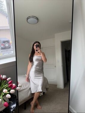 Whyte Valentyne Satin Slip Midi Dress in Silver size 2